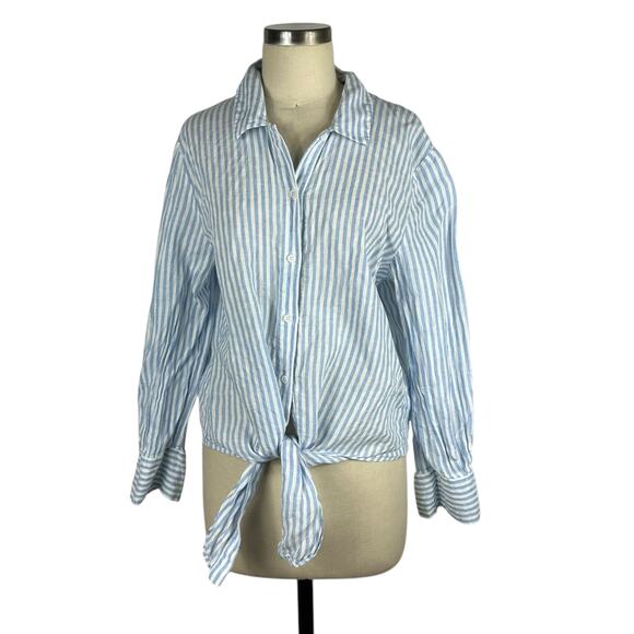REFORMATION Blue White Striped Linen Button Down Anzio Top Women's Size Medium - Picture 1 of 7